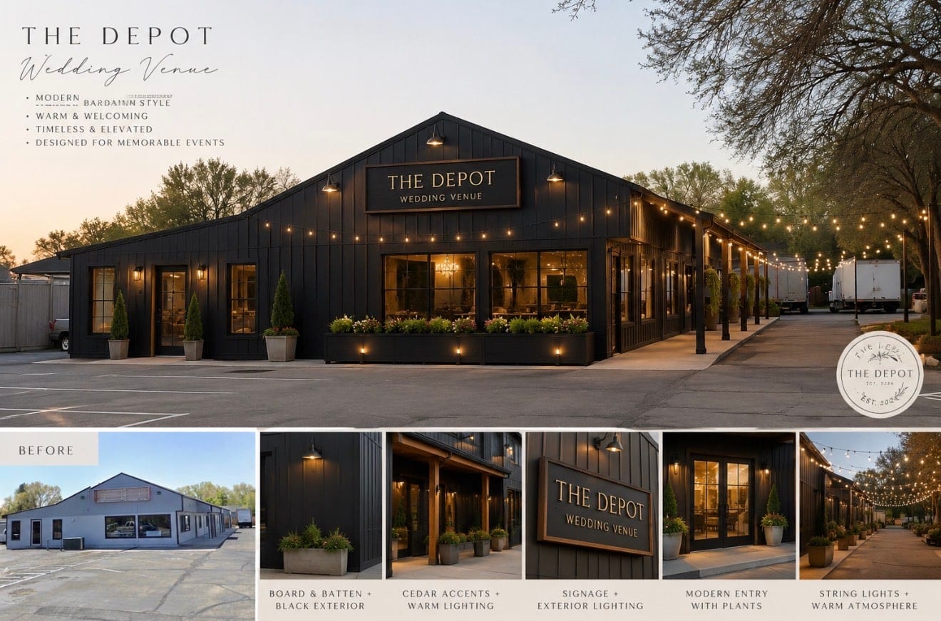 Design board for The Depot wedding venue by Carson City BBQ: a modern barn-style building with black board-and-batten cladding, cedar accents, warm exterior lighting and string lights over the approach. Captioned modern barn style, warm and welcoming, timeless and elevated, designed for memorable events, with a before photograph of the existing building.