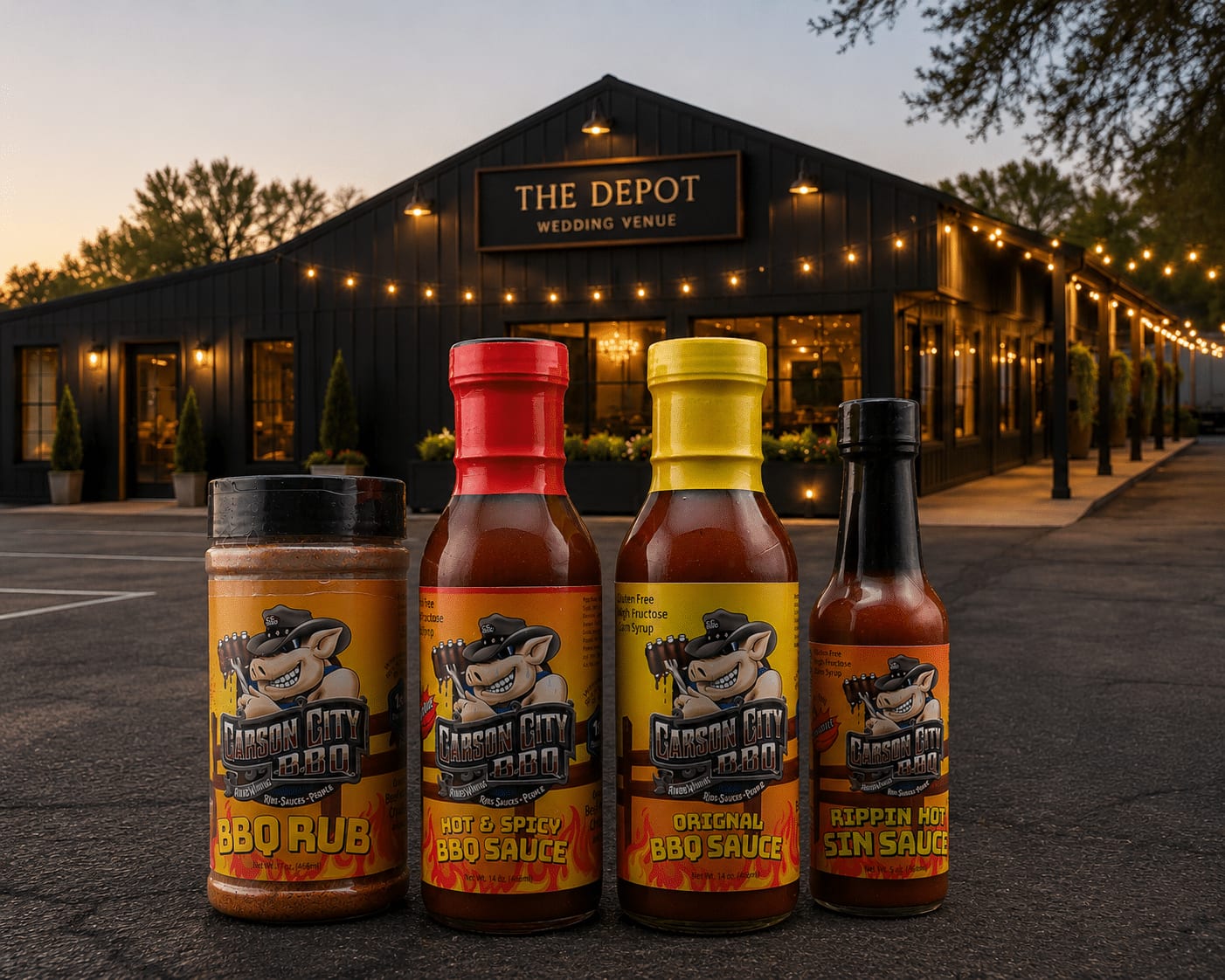 Bottles of Carson City BBQ sauce and the BBQ rub standing at dusk outside The Depot wedding venue, string lights running along the building behind them
